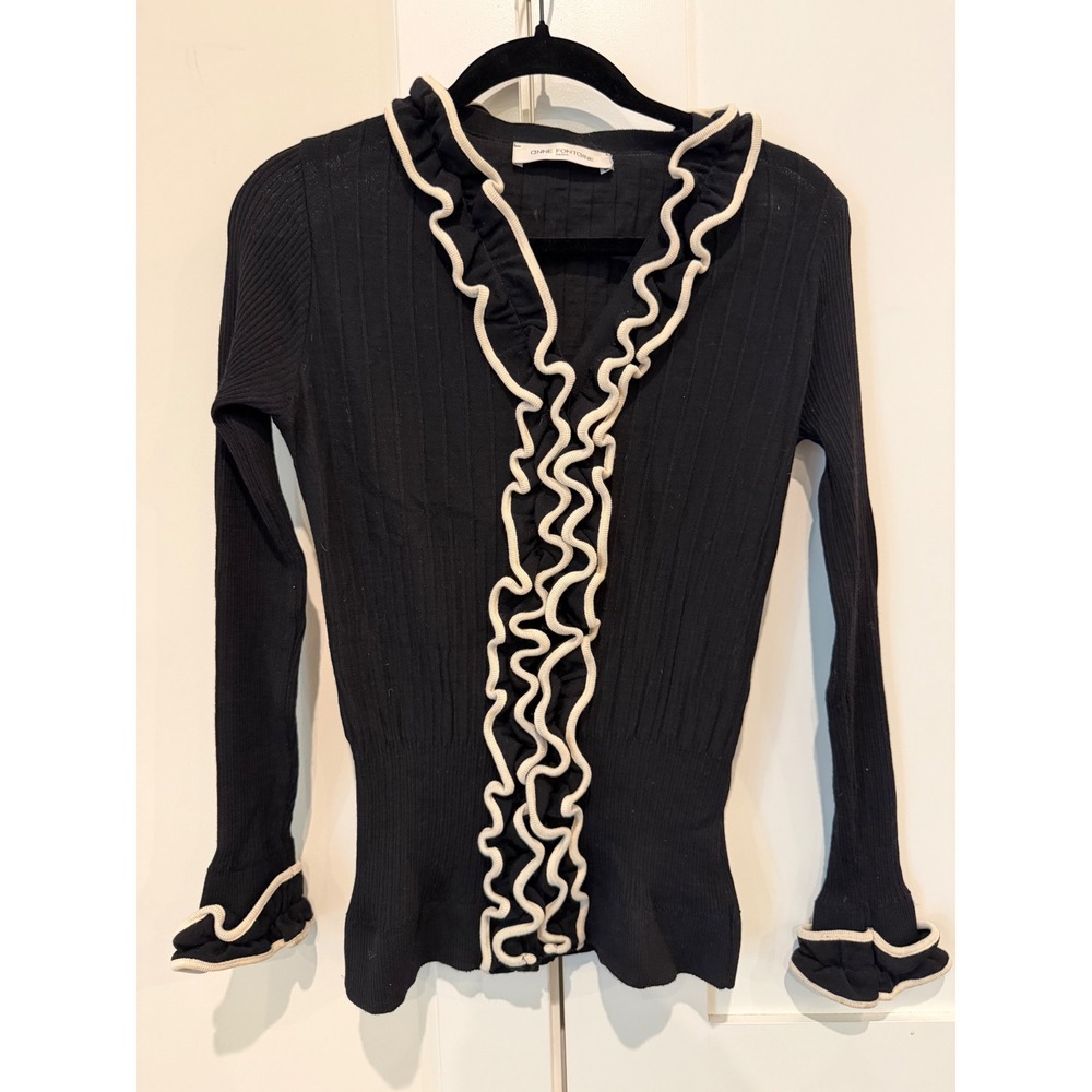 Anne Fontaine Paris Black Ribbed Wool Ruffle Trim V-Neck Sweater Luxury Clasic